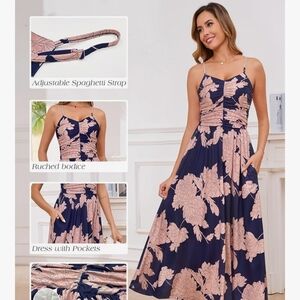 ANNEBOUTI Ruched Navy/Pink Floral Spaghetti Strap Maxi Dress